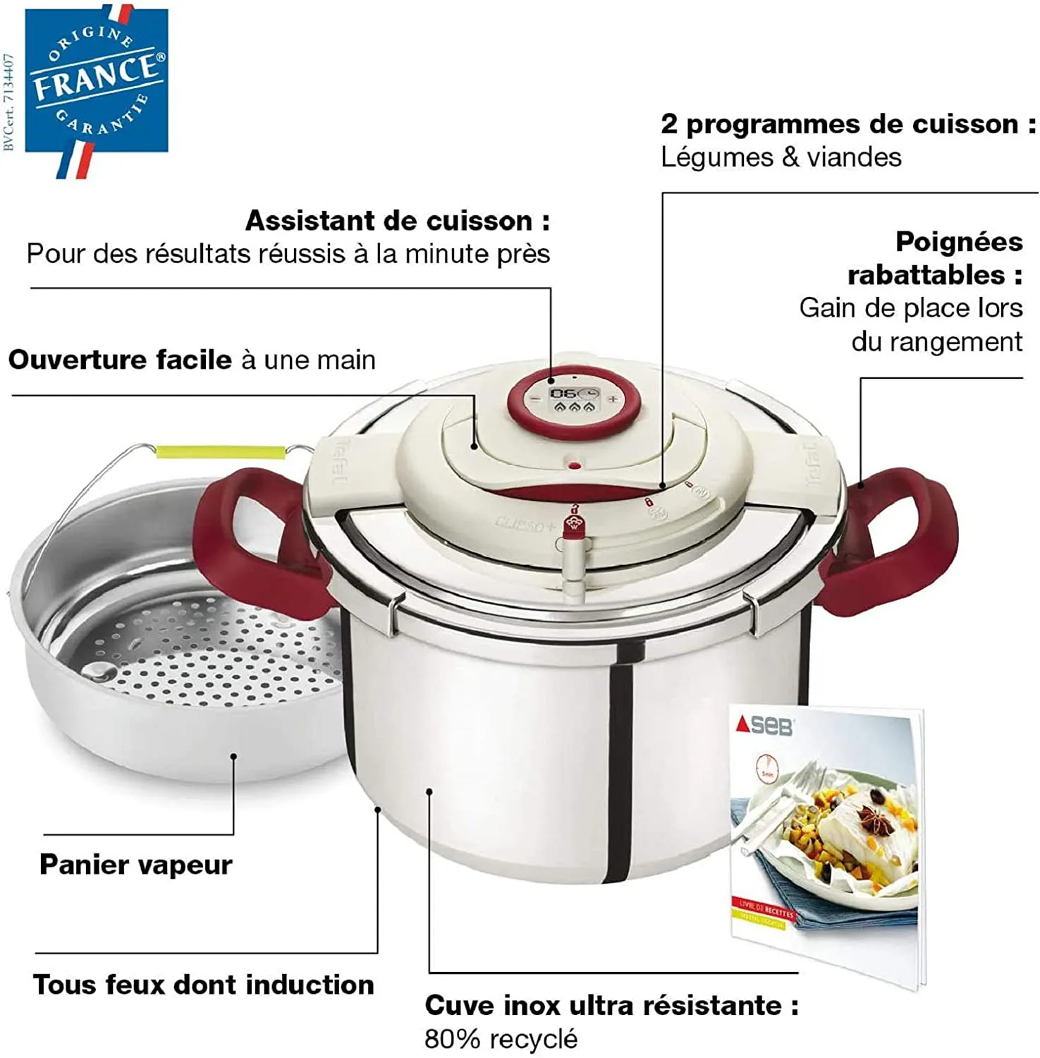 P4400600 Cocotte SEB 4.5L Clipso+ Précision Inox/Rouge - 1