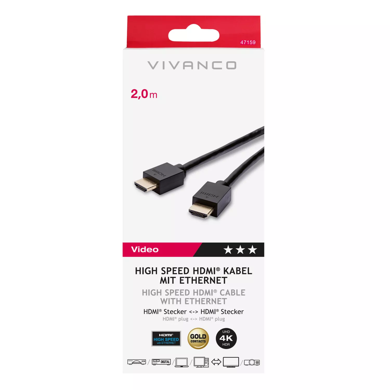 47159 Cable HDMI VIVANCO Video 3* 2.0m 2.0 4k - 47159 - 0
