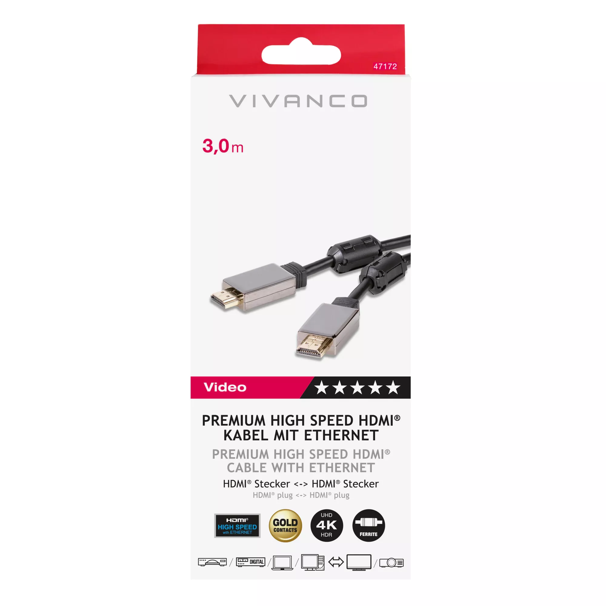 47172 Cable HDMI VIVANCO Video 5* 3.0m 2.0b 4k - 47172 - 0