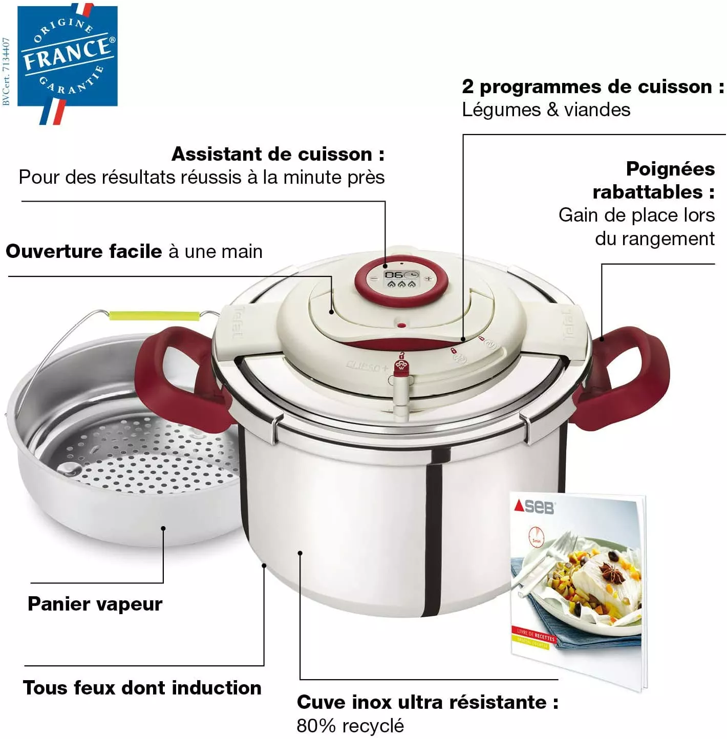 Autocuiseur Seb ClipsoMinut' Delice Rouge 6 L, 2-en-1 Cocotte