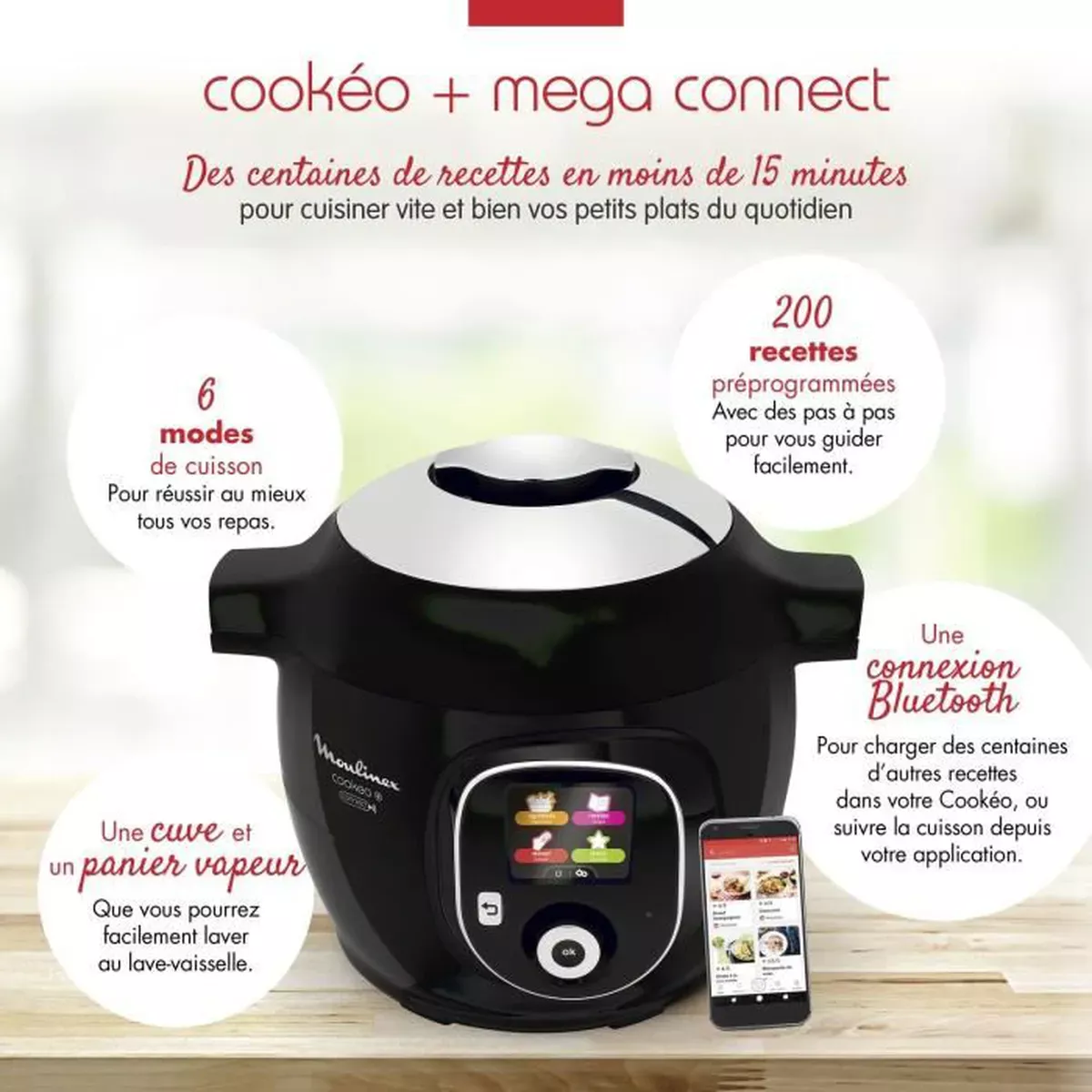 Cookeo+ Connect 200 recettes Rouge, avec éplucheur inclus