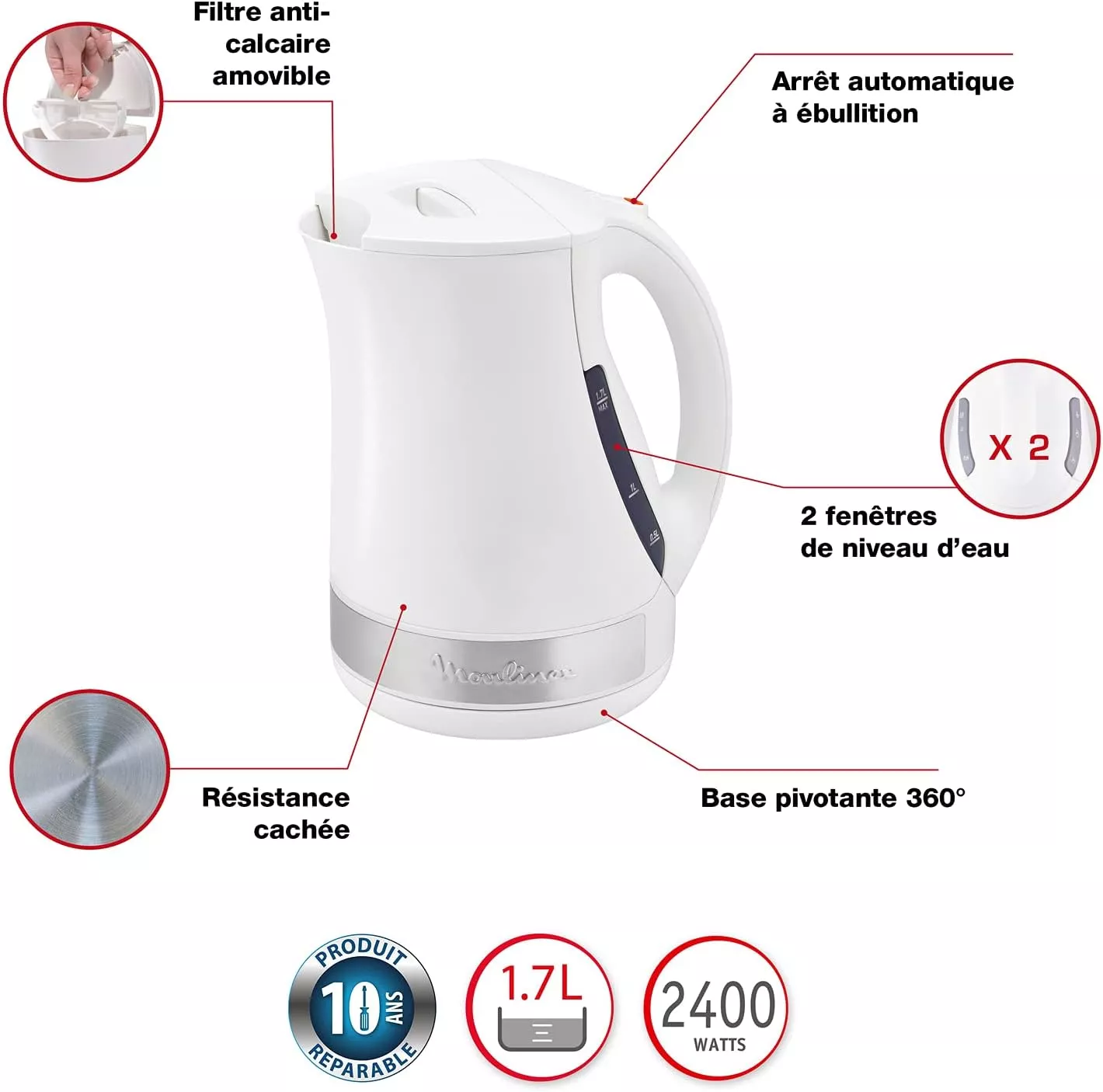 BY108110 BOUILLOIRE MOULINEX 1.7 L BLANC ANTI CALC 2.4KW - 1