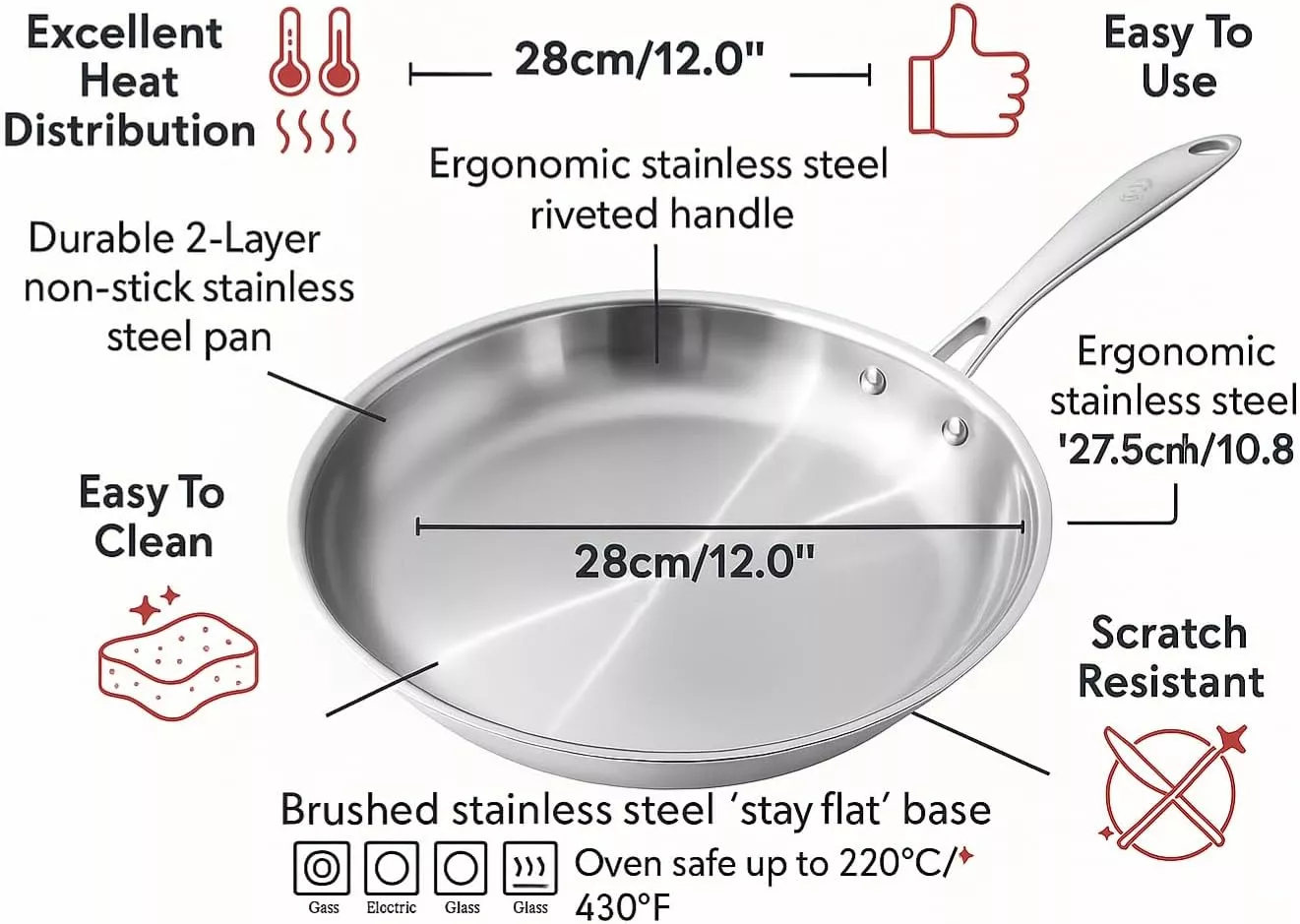 8800003 Poele KLAUS 28 Cm Inox - 3