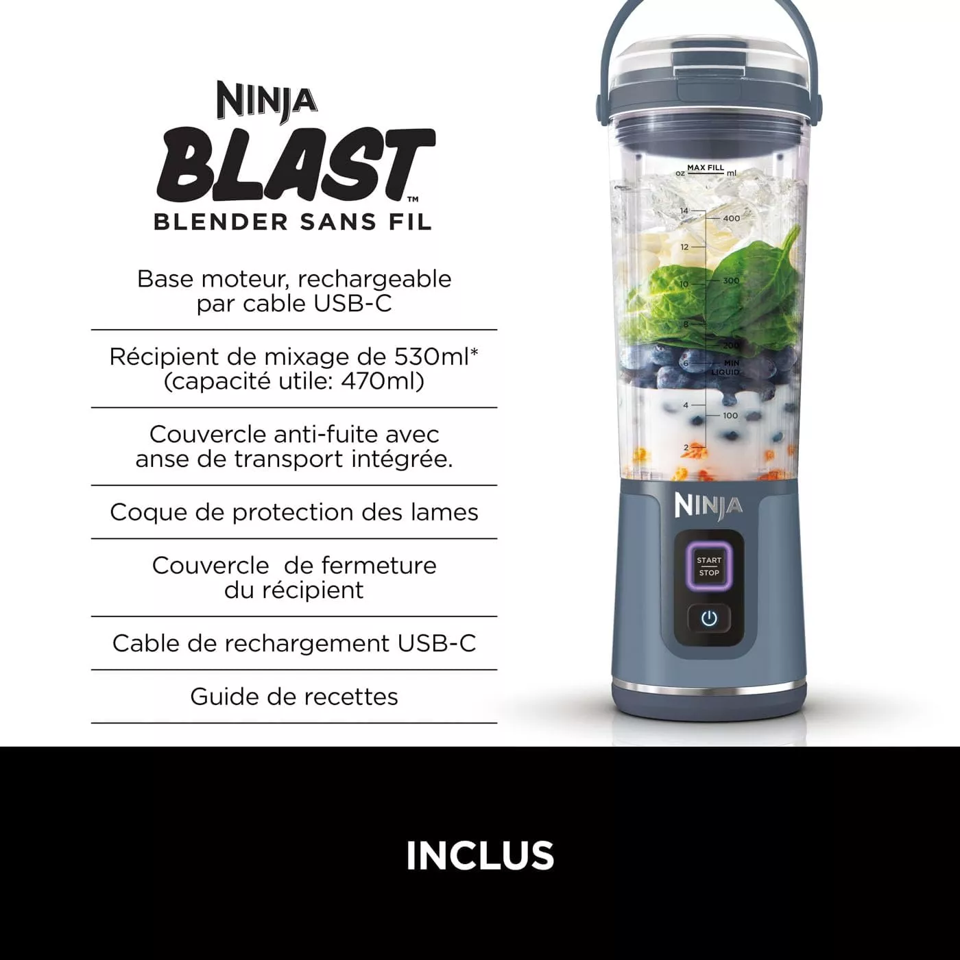 BC151EUNV Blender Ninja portable sans fil Blast 530ML Type-c - 6